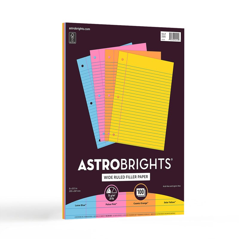 AstrobrightsÂ® Filler Paper, 8" x 10 1/2", Wide Ruled, 20 Lb, FSCÂ® Certified, Assorted Colors, Pack Of 100 Sheets